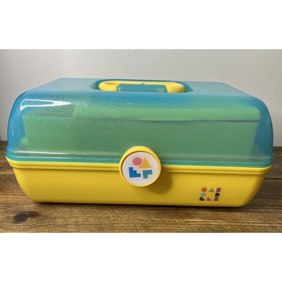 Caboodles Vintage Makeup Carrying Case Box Sparkle Blue & Yellow #5626 USA - Picture 1 of 8